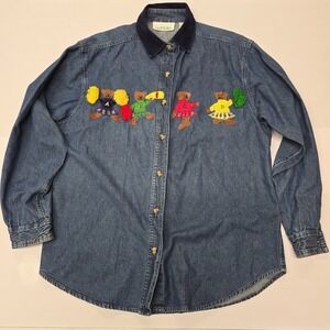 CASEY & MAX Denim Button Up‎ Shirt Women's Medium Embroidered Bears Cheerleaders